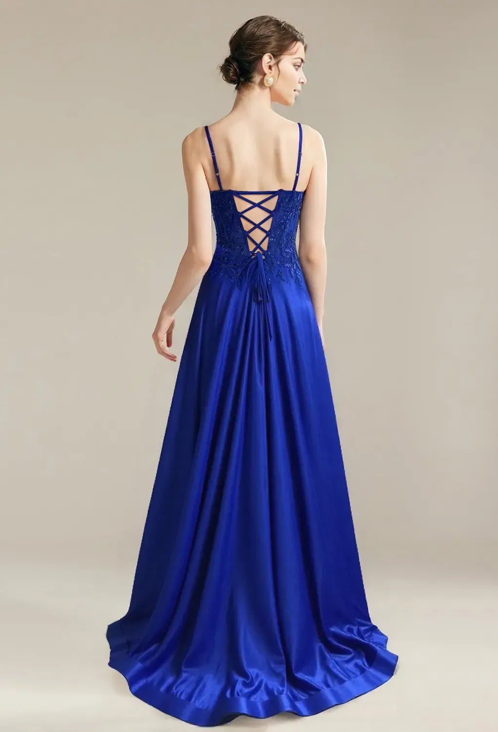 A-line Spaghetti Straps Floor Length Prom Dresses Satin Sleeveless Appliques Off the Shoulder Cheap V Neck Long Gowns